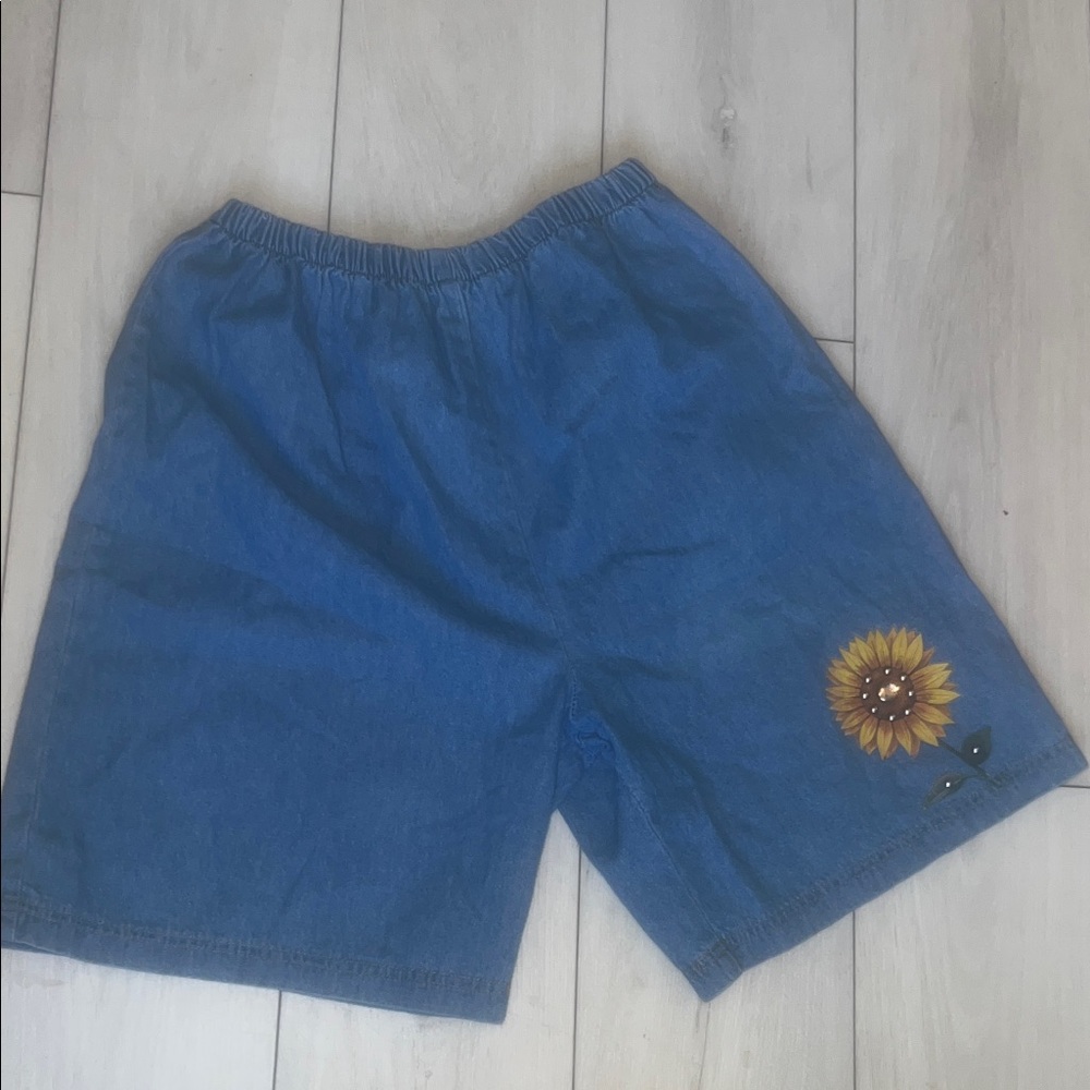 Blue Jean Shorts with Sunflower Embroidery ONE size PreShrunk Elastic Waist